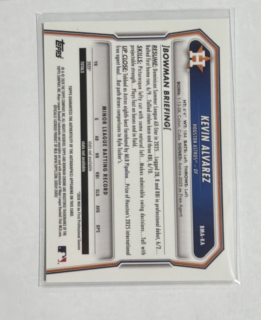 2026 Bowman Chrome KEVIN ALVAREZ Mega Mojo Refractor Auto BMA-KA Astros🔥