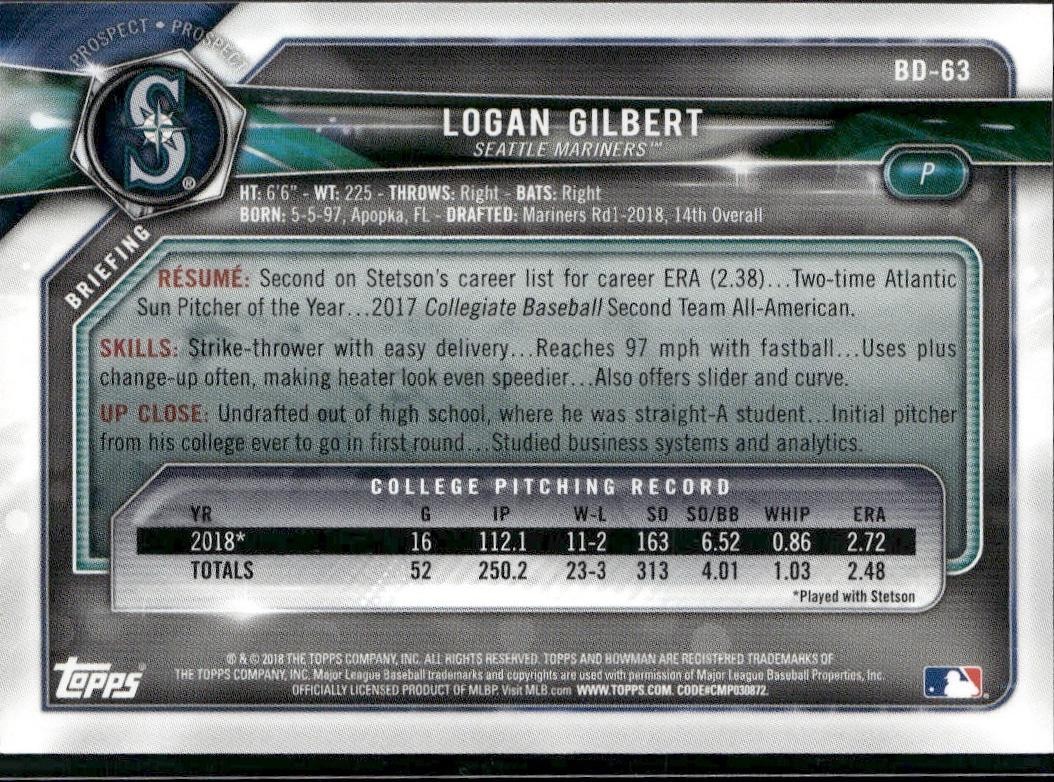 2018 Bowman Draft #BD-63 Logan Gilbert Purple #/250
