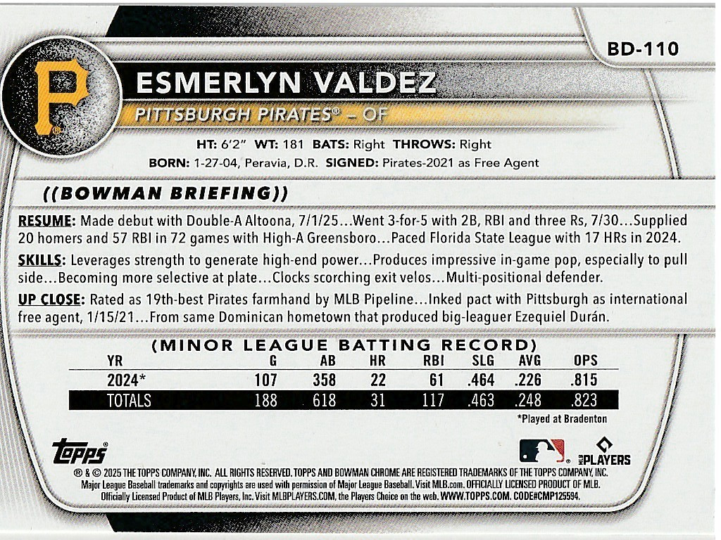 Esmerlyn Valdez Pittsburgh Pirates 2025 Bowman Draft ***
