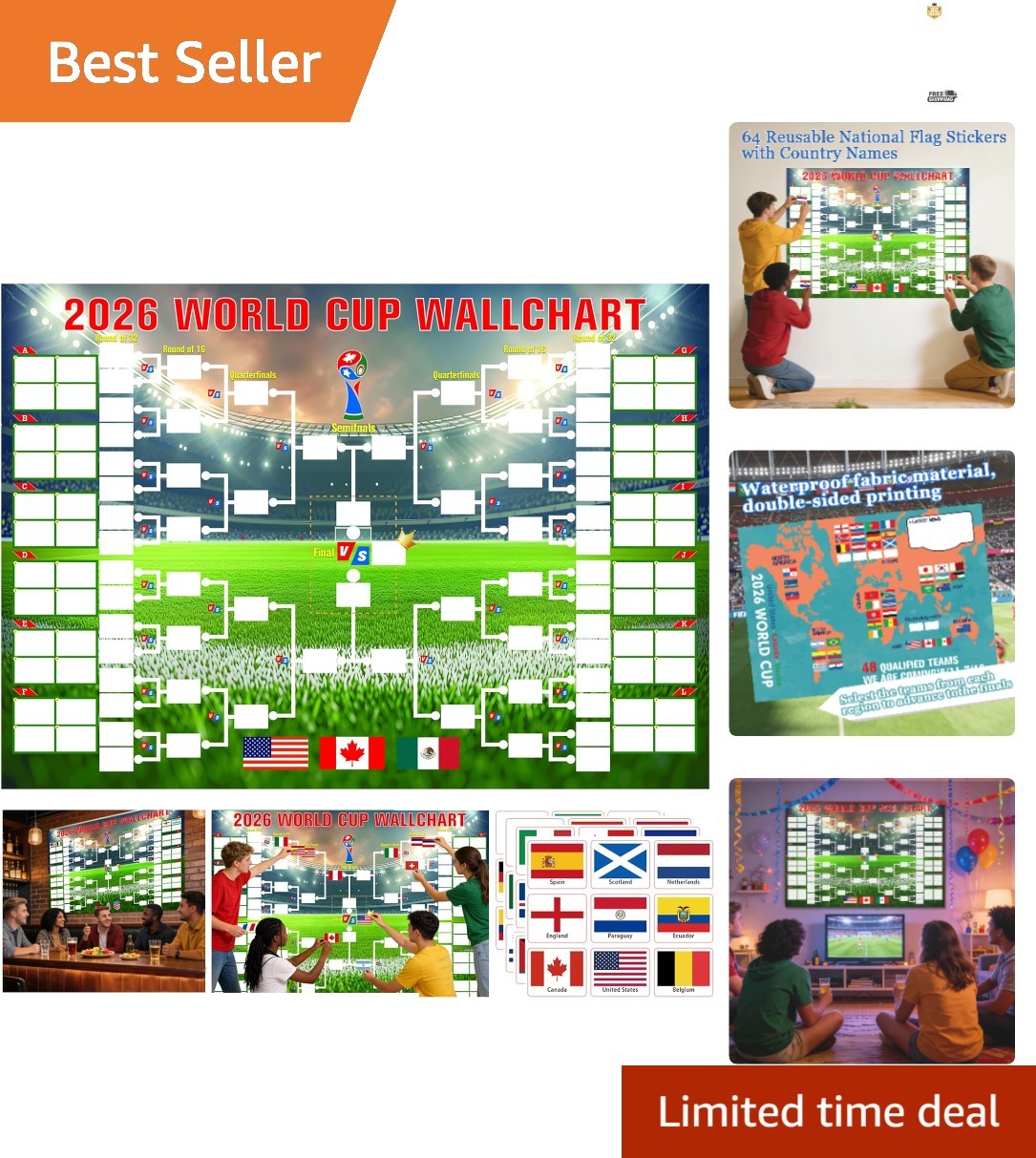 36×24 Inches World Cup 2026 Schedule Poster with 64 Reusable Flag Stickers