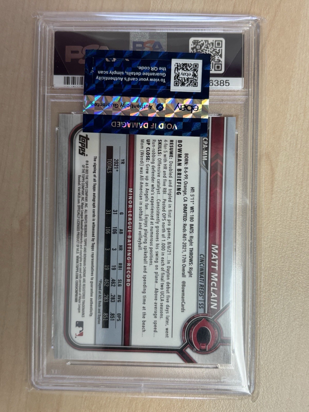 2022 Bowman Chrome CPA-MM Matt McLain Green Ref Auto /99 PSA 9 1st Bowman Reds