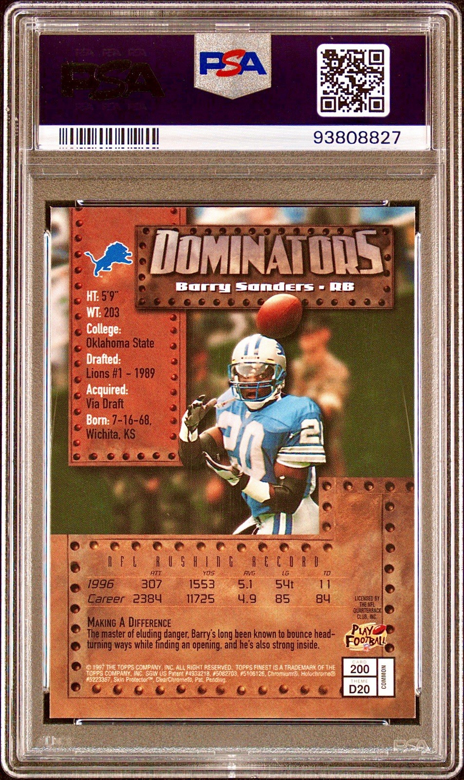 POP 39 PSA 10 Barry Sanders 1997 Topps Finest Dominators Vertical Rare Gem Mint