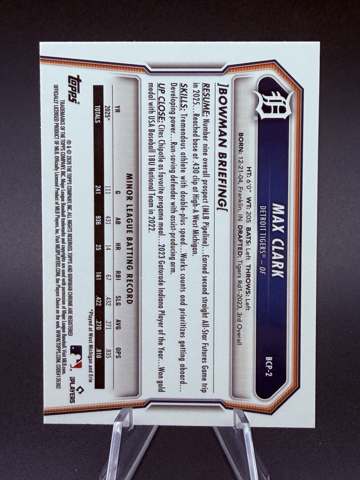 2026 Bowman Chrome Max Clark BCP-2 Detroit Tigers