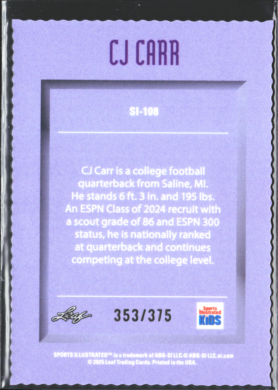 CJ Carr Football Card Short Print /375 Made SI For Kids METAL Leaf Notre Dame