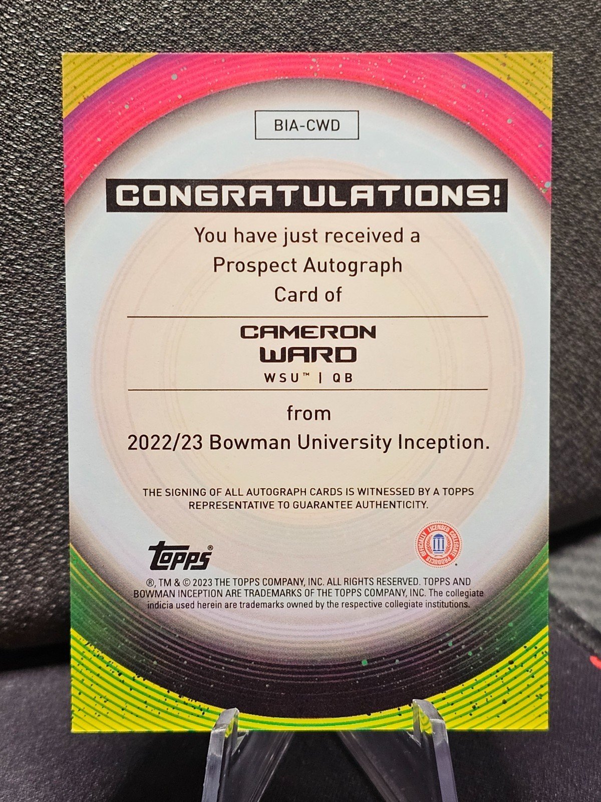 Cam Ward Prospect Autograph 2022/23 Bowman University Inception Cameron #BIA-CWD