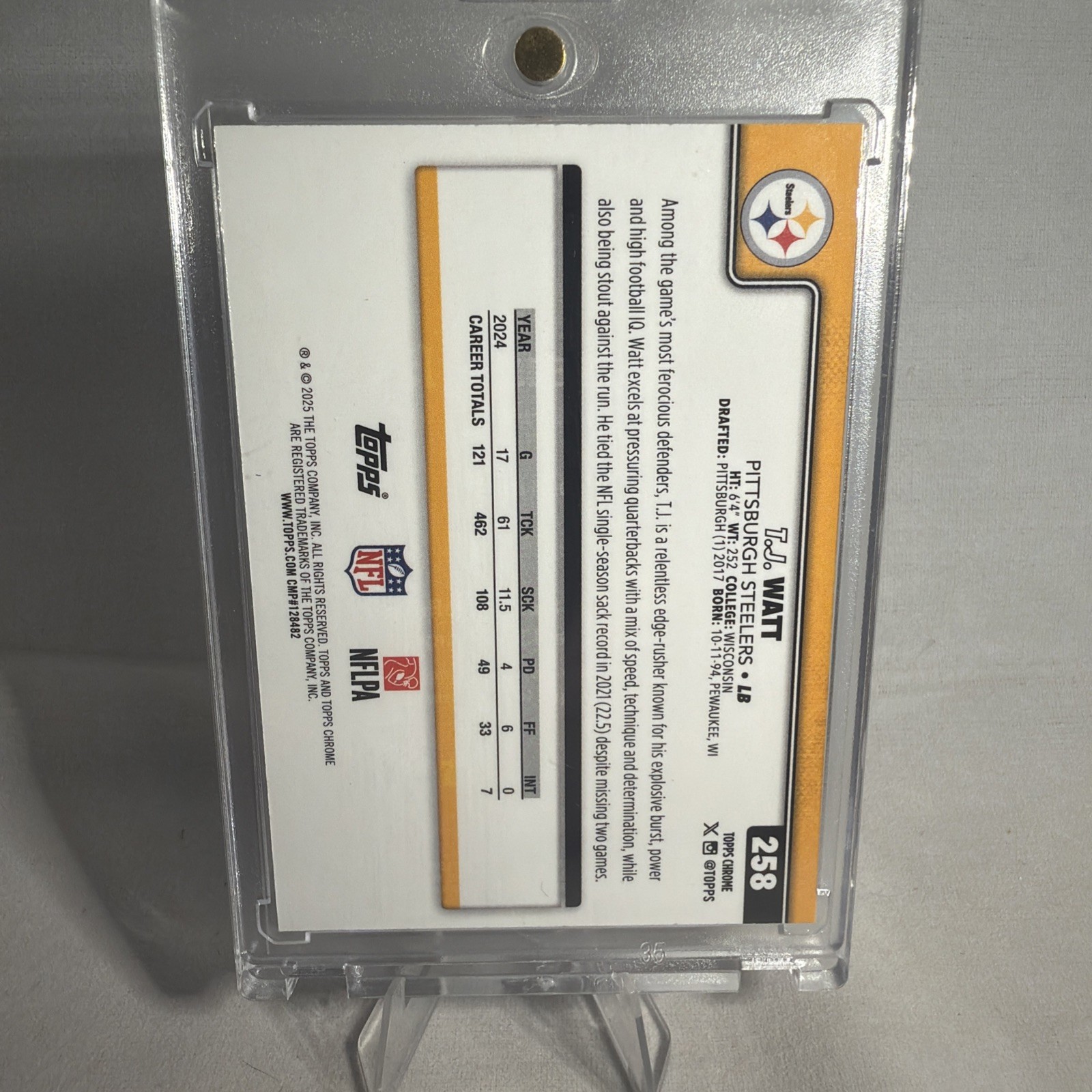 2025 Topps Chrome TJ Watt Lightboard Refractor SP #258- Steelers
