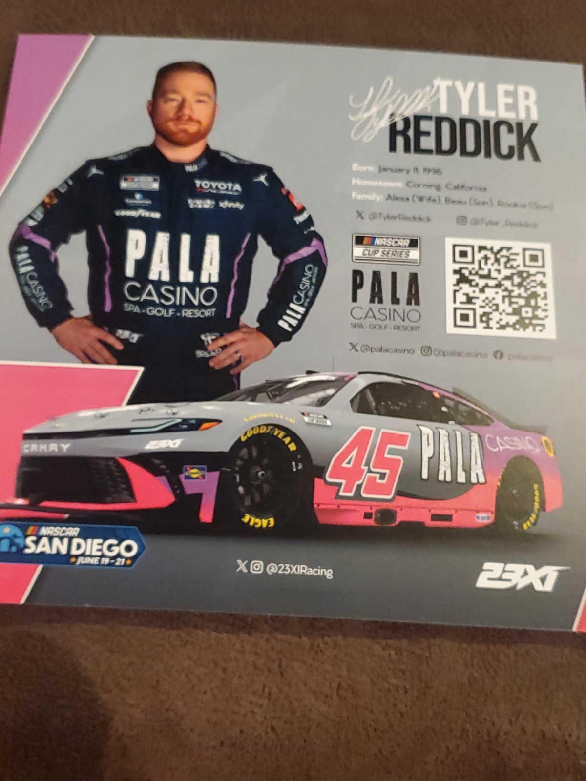AUTOGRAPHED 2026 Tyler Reddick #45 San Diego SIGNED EVENT Hero Card CORONADO