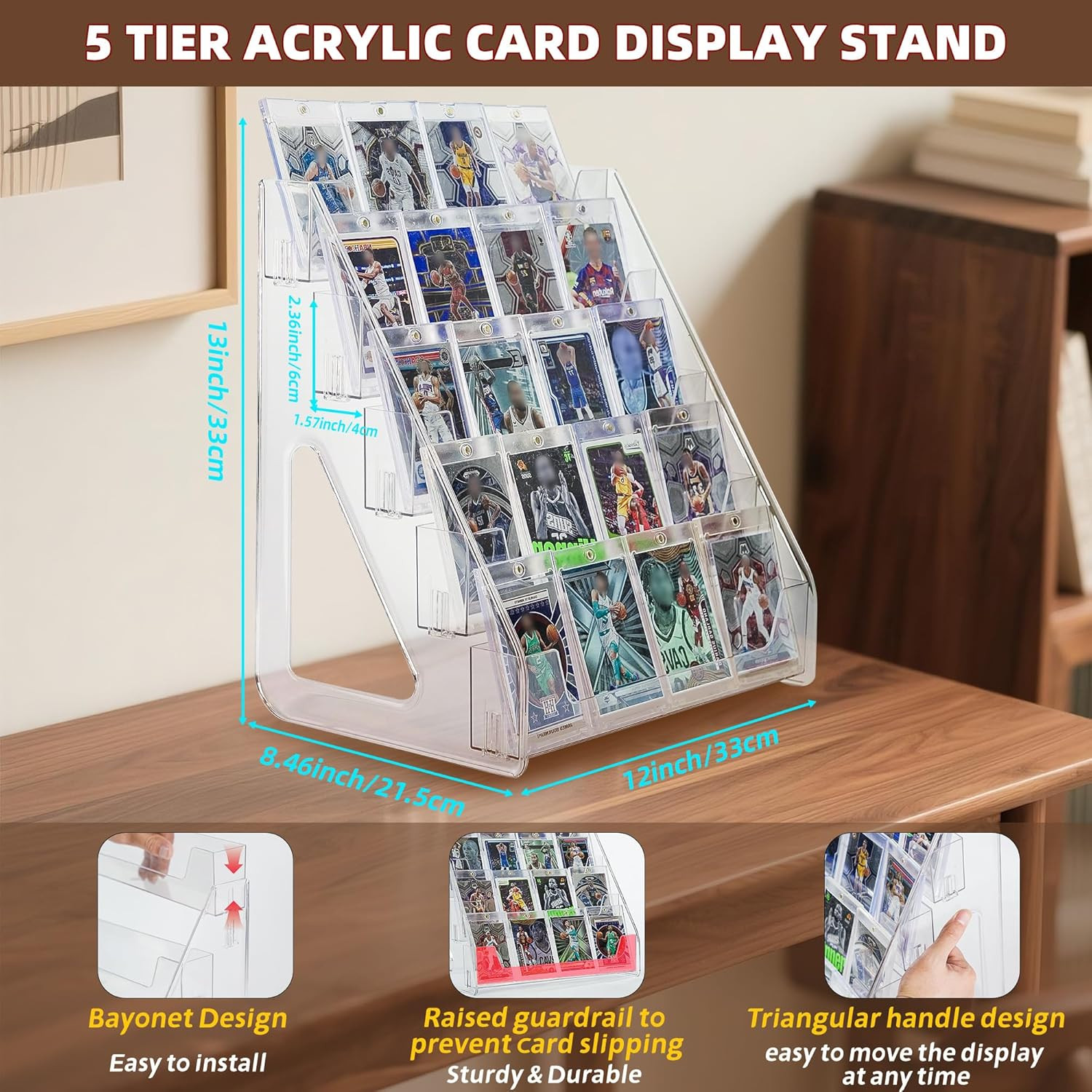 5-Tier Acrylic Trading Card Display Stand, Large Capacity Graded Sports Card Dis