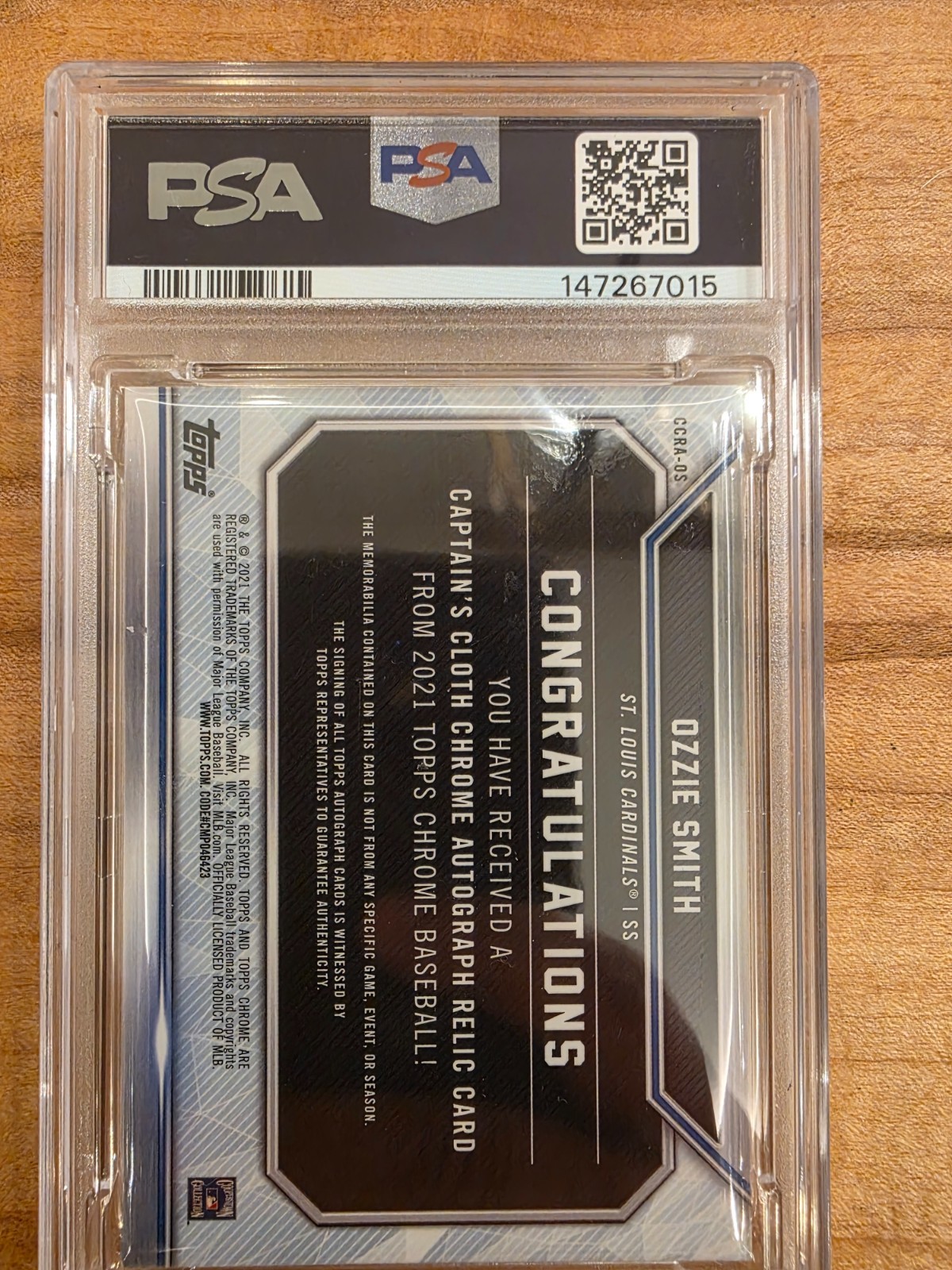 2021 Topps Chrome Ozzie Smith Captains Cloth Relic Auto /99 PSA 9