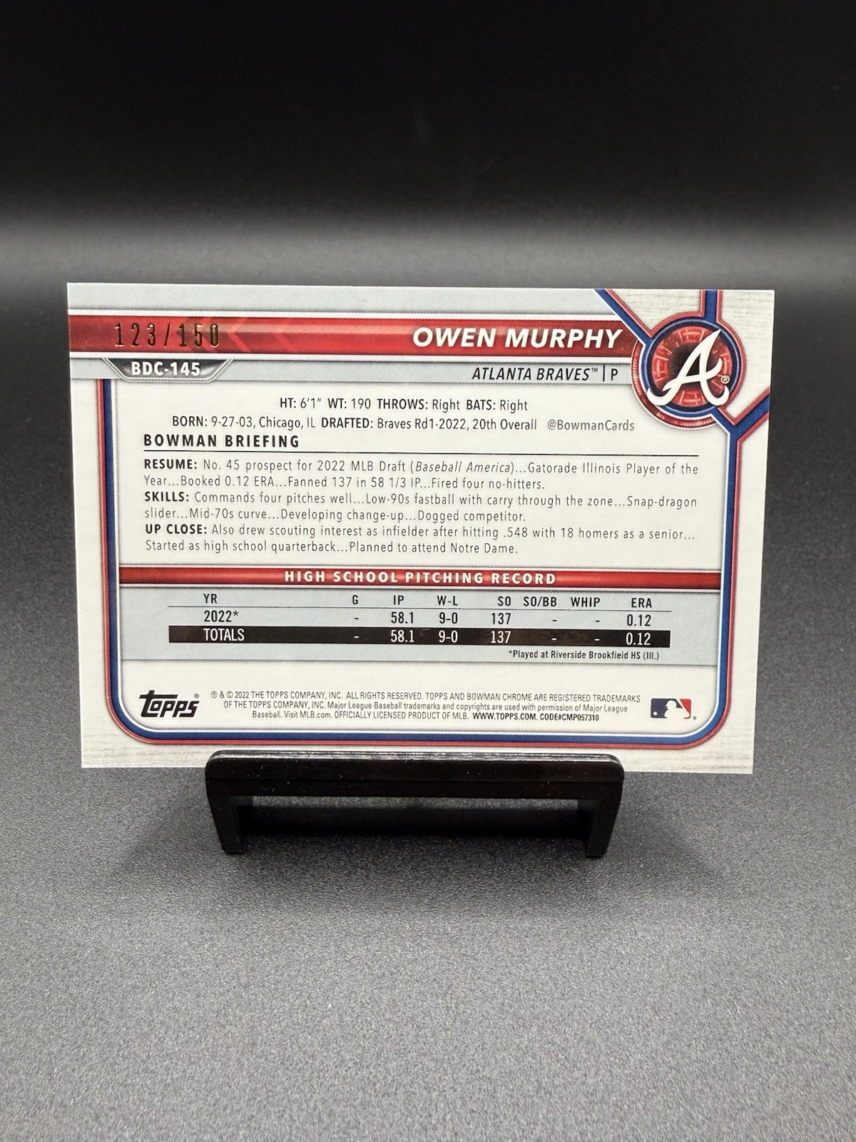 2022 Bowman Draft Chrome 1st Prospect Blue Refractor /150 Owen Murphy #BDC-145