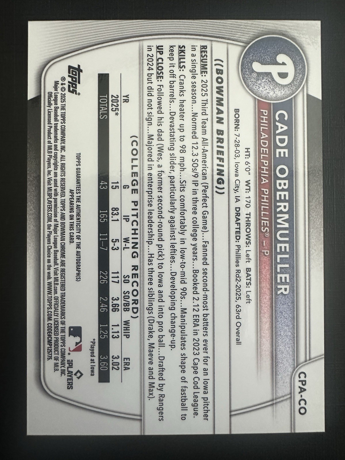 2025 Bowman Draft – Chrome 1st Autographs Cade Obermueller #CPA-CO Gold /50