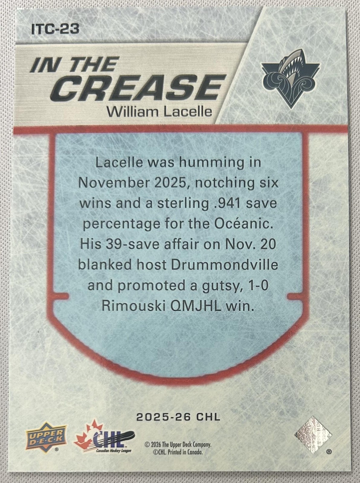 2025-26 Upper Deck CHL #ITC-23 William Lacelle In the Crease