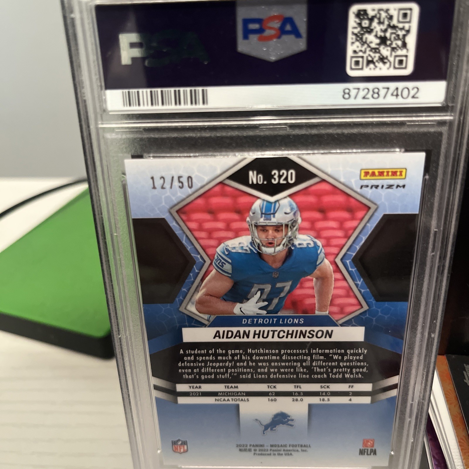 2022 Panini Mosaic Rookies Aidan Hutchinson No Huddle Purple Mosaic Prizm /50 RC