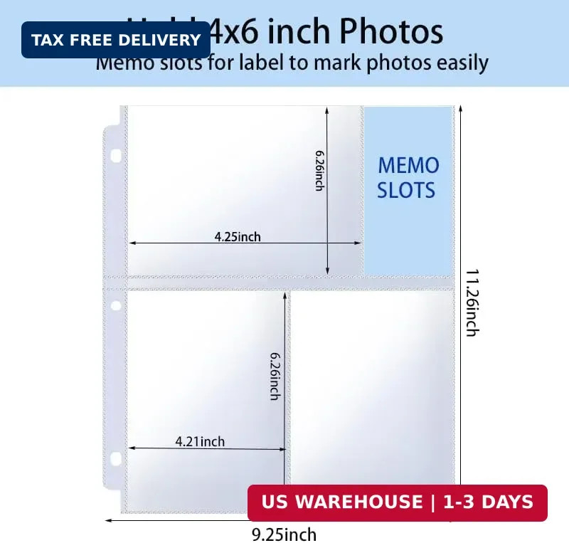 4×6 Photo Sleeves Clear for 3 Ring Binder (240 Pictures), Heavy Transparent