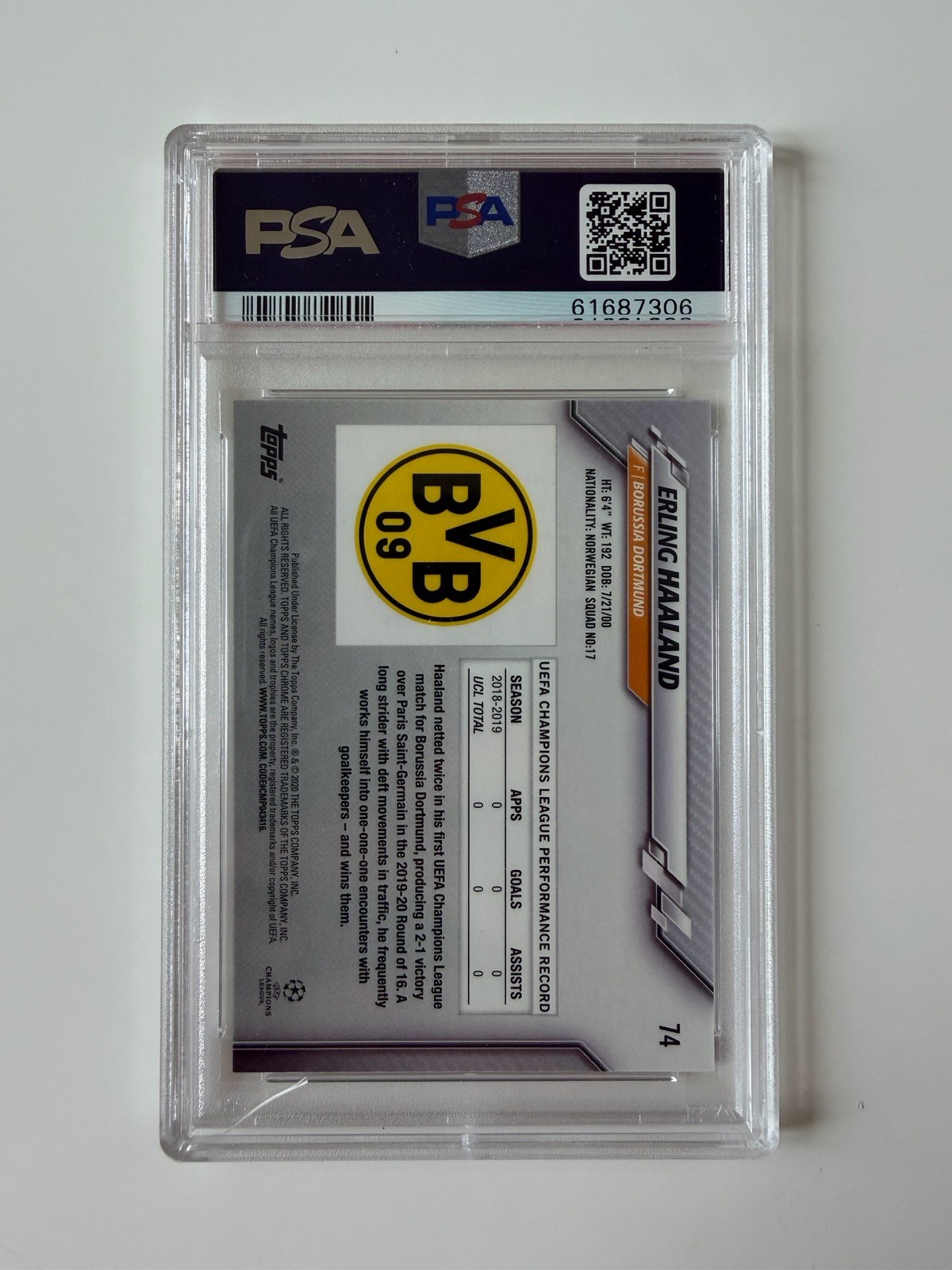 2019-20 Topps Chrome UEFA Sapphire Edition Erling Haaland #74 (RC) Rookie PSA 9