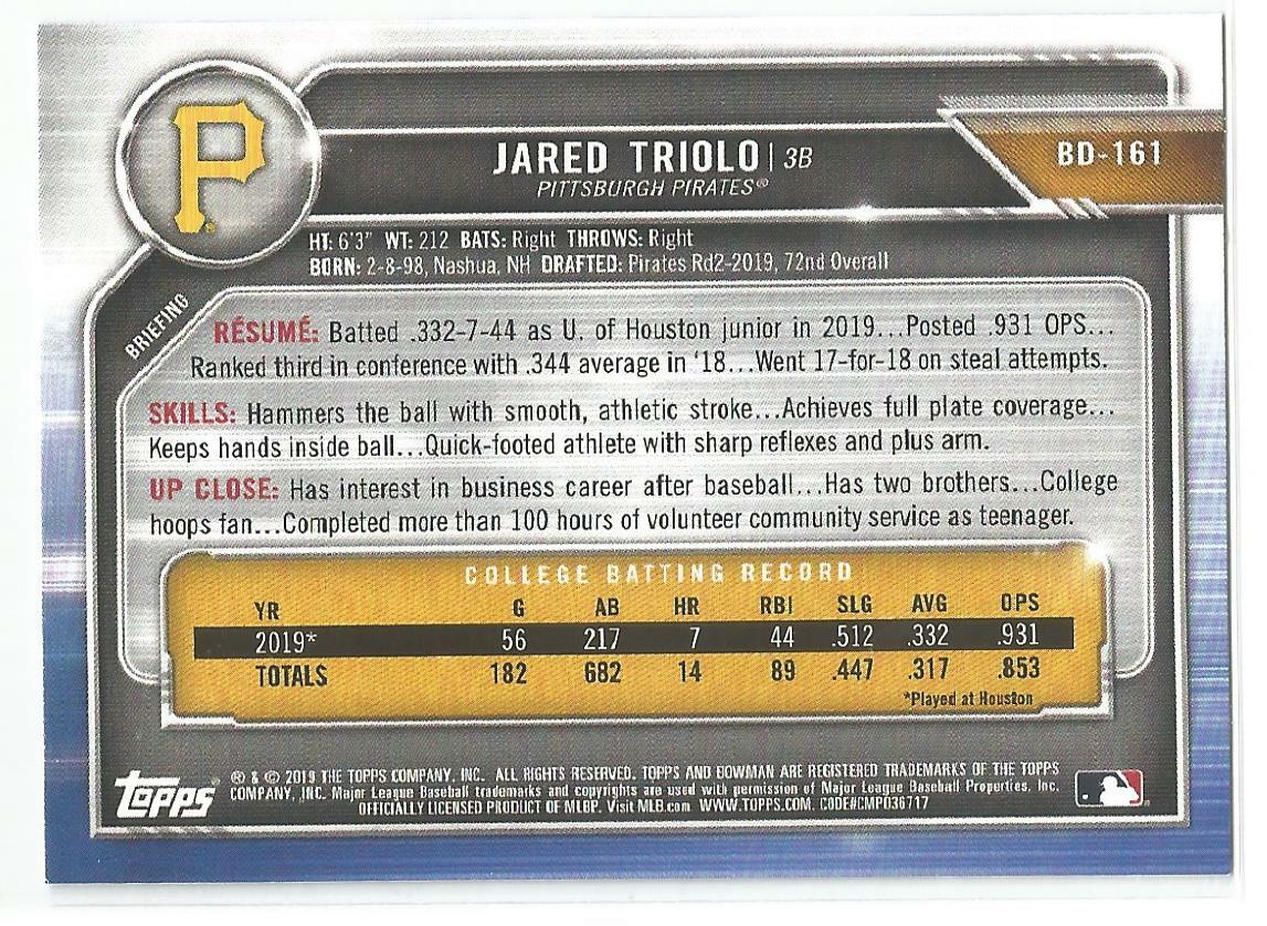 Jared Triolo Pittsburgh Pirates 2019 Bowman Draft 1st Bowman Card