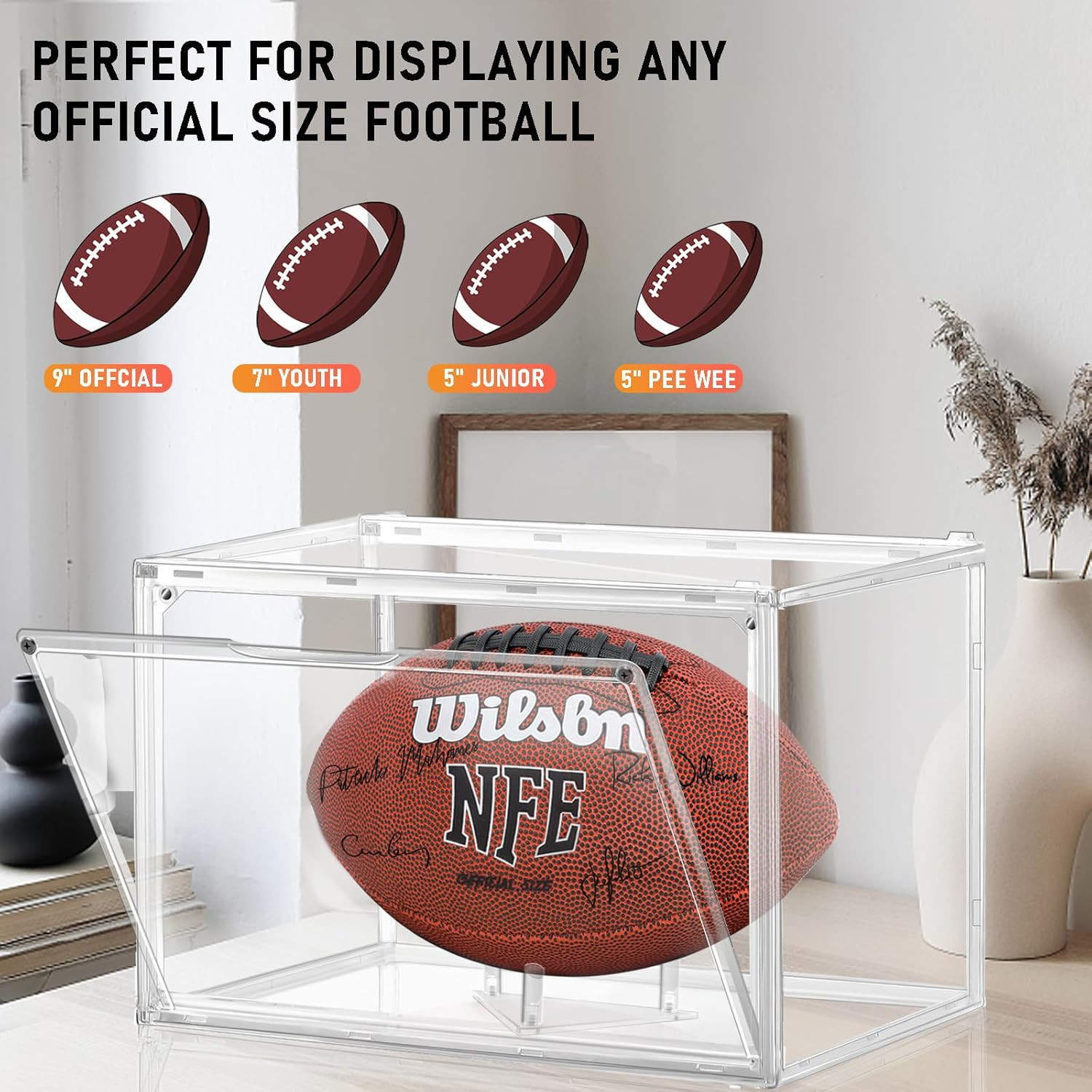 2 Pack Acrylic Football Display Case Full Size Magnetic Door UV Protection