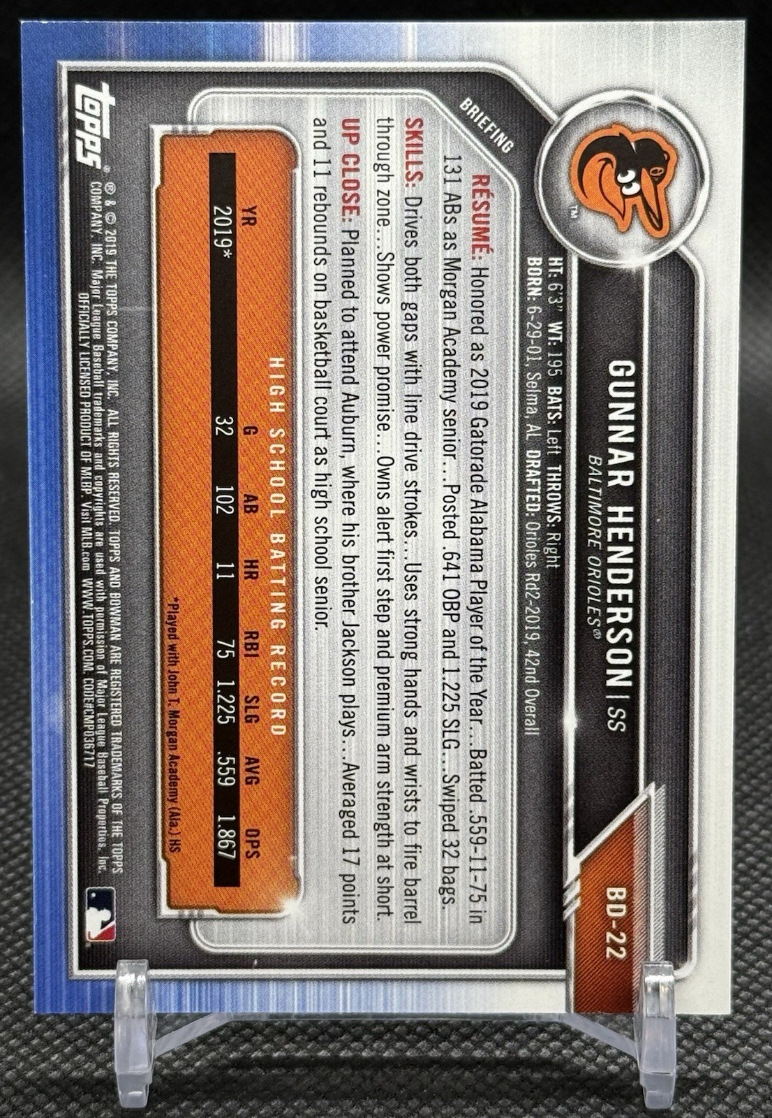 2019 Bowman Draft Gunnar Henderson Green 1st Bowman BD-22 (Paper) /99