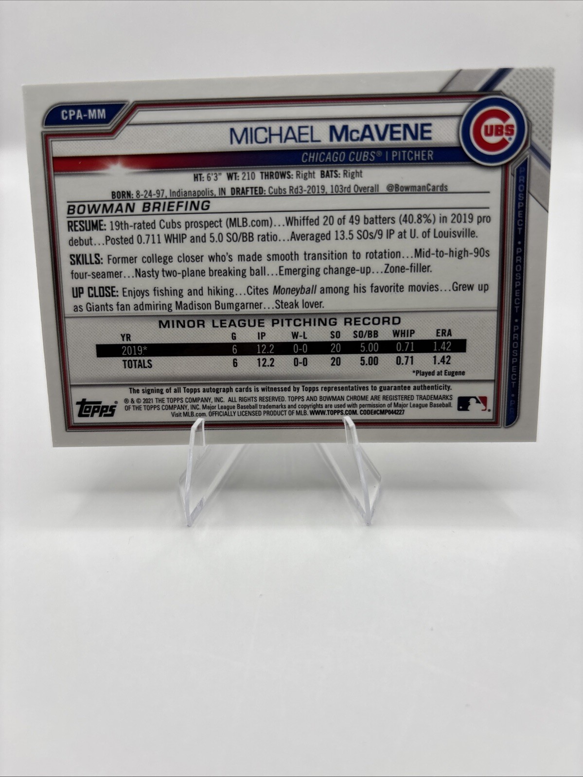 2021 Bowman – Chrome Prospects Autographs Michael McAvene #CPA-MM Speckle…