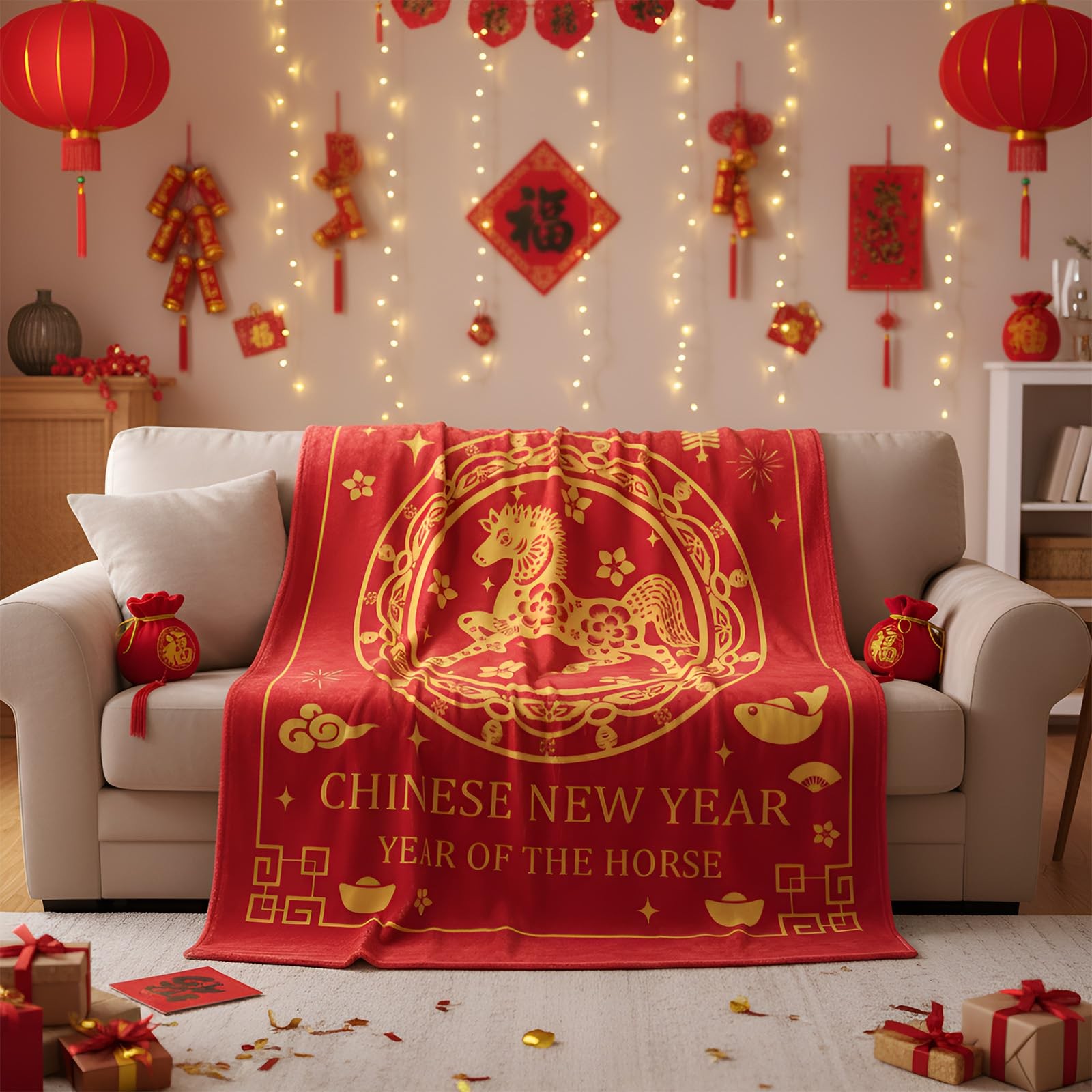 HunnmingRe Chinese New Year of The Horse 2026 Gifts Blanket 51 x 59” Red
