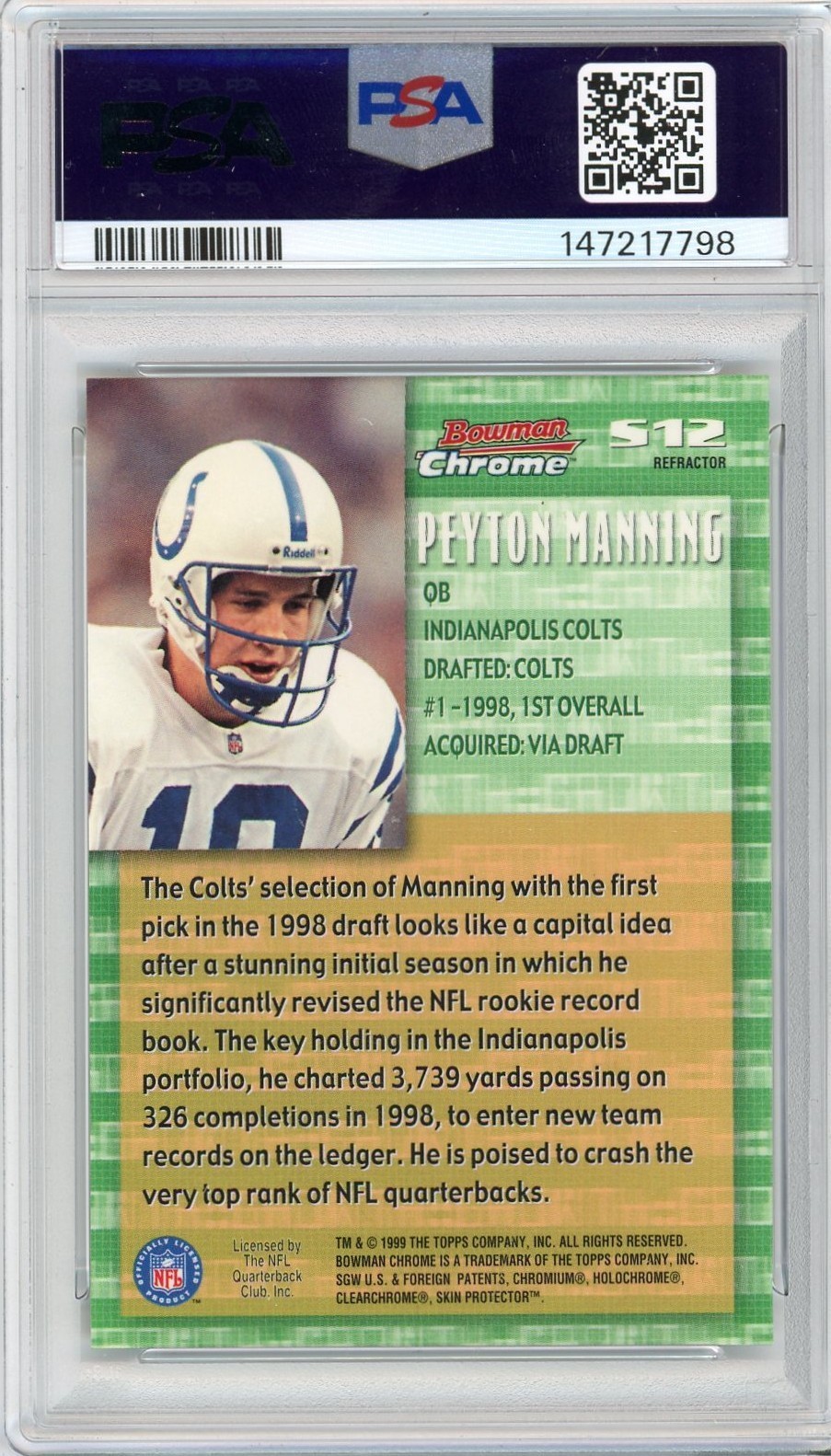 1999 Bowman Chrome Peyton Manning Stock In The Game Refractor #S12 PSA 8…
