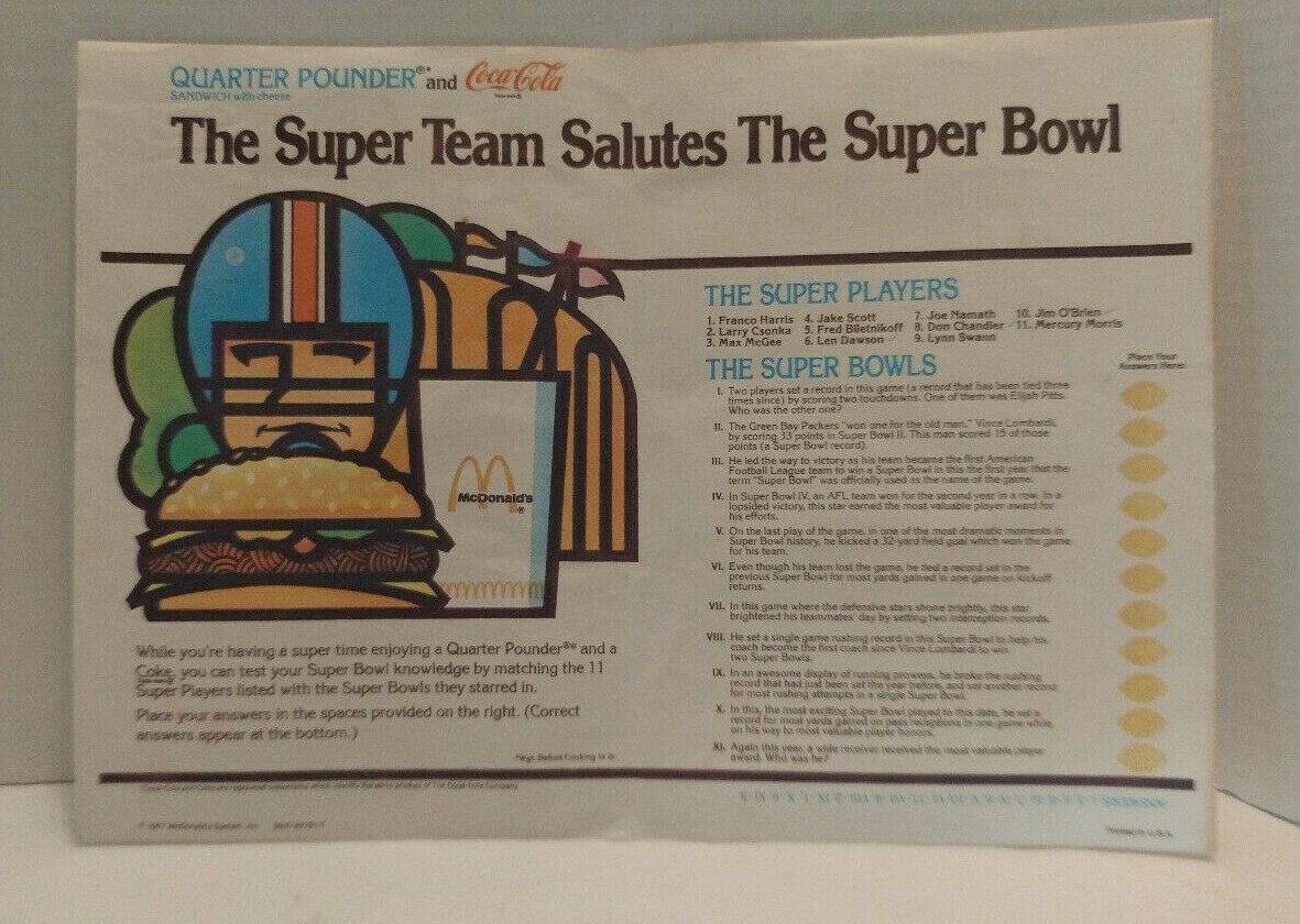 McDonalds NFL Superbowl Paper Placemat 10x14in vintage tray liner 1977