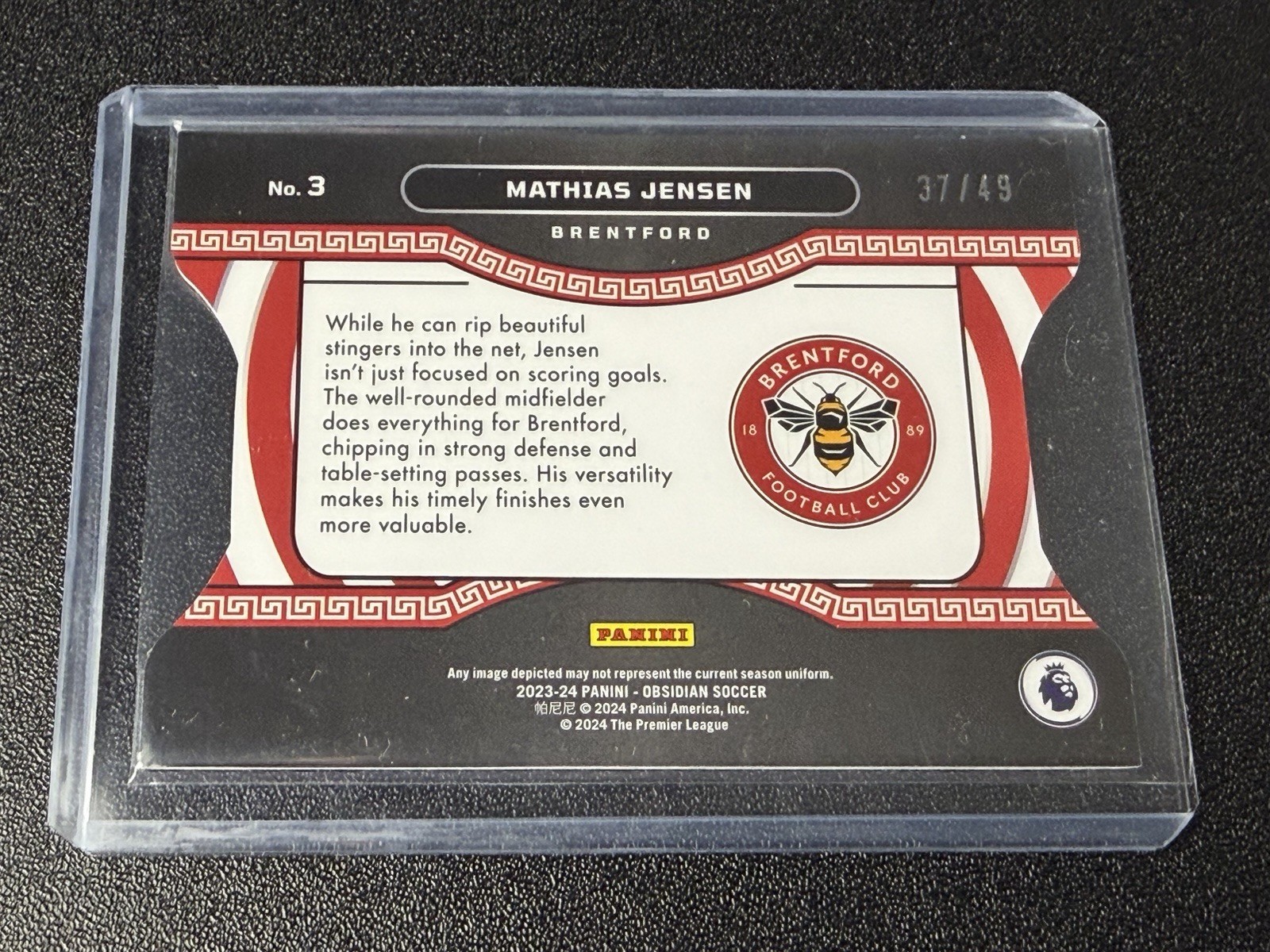 2023-24 Panini Obsidian Mathias Jensen Tunnel Vision Electric Etch Purple #/49