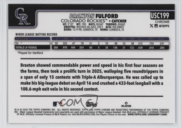 2025 Topps Chrome Update Braxton Fulford #USC199 Rookie RC 1sr5
