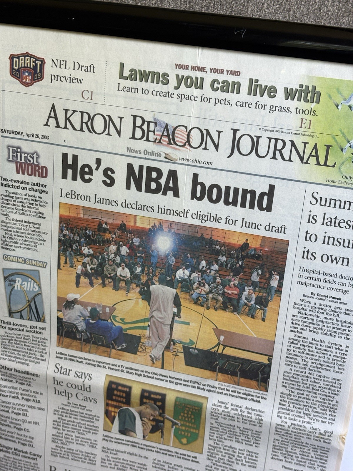 LEBRON JAMES 2003 NBA DRAFT DECISION AKRON BRACON NEWSPAPER 4/26/2003 FRAMED