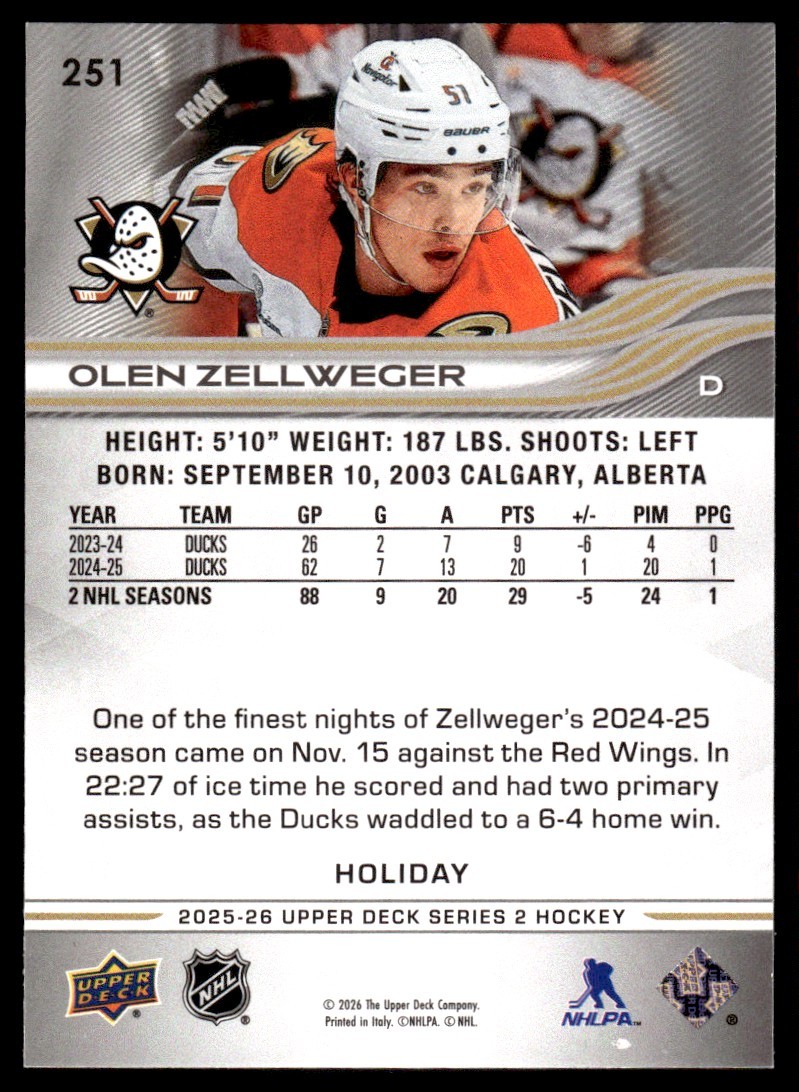 Olen Zellweger Holiday Easter #251 2025-26 Upper Deck Anaheim Ducks