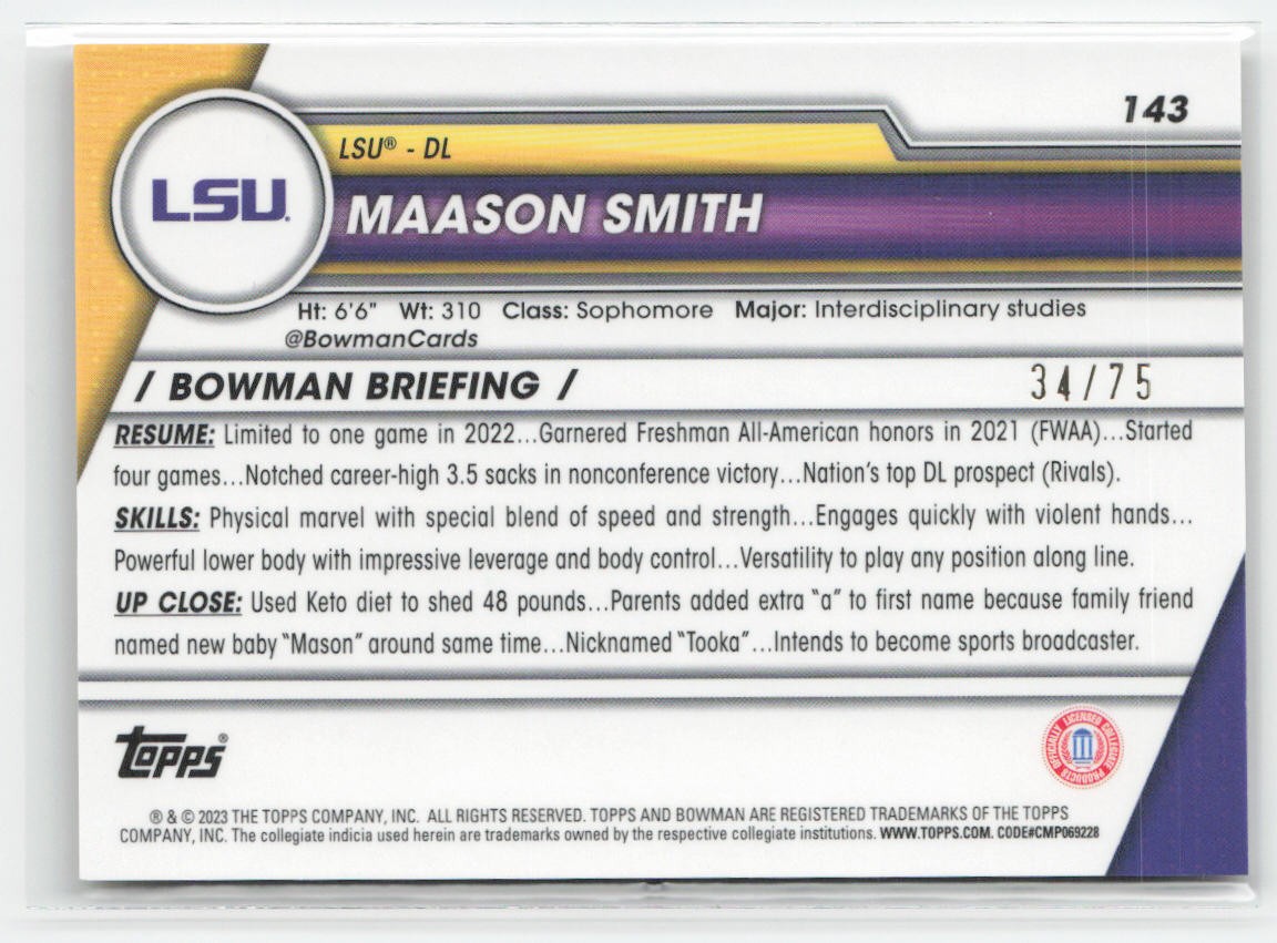 Maason Smith 2023 Bowman University Chrome Sapphire Yellow #/75 #143 LSU Tigers