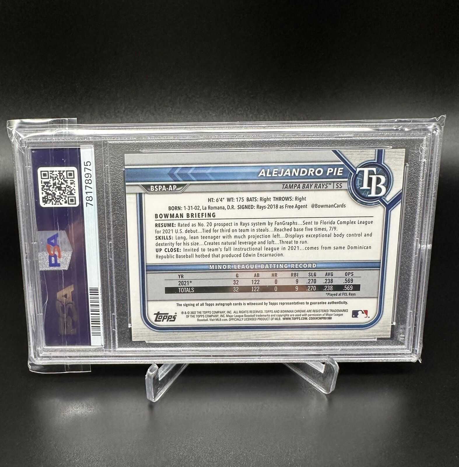 Alejandro Pie 2022 Bowman Chrome Green Sapphire Auto Rays 1st 25/50 PSA 10 GEM