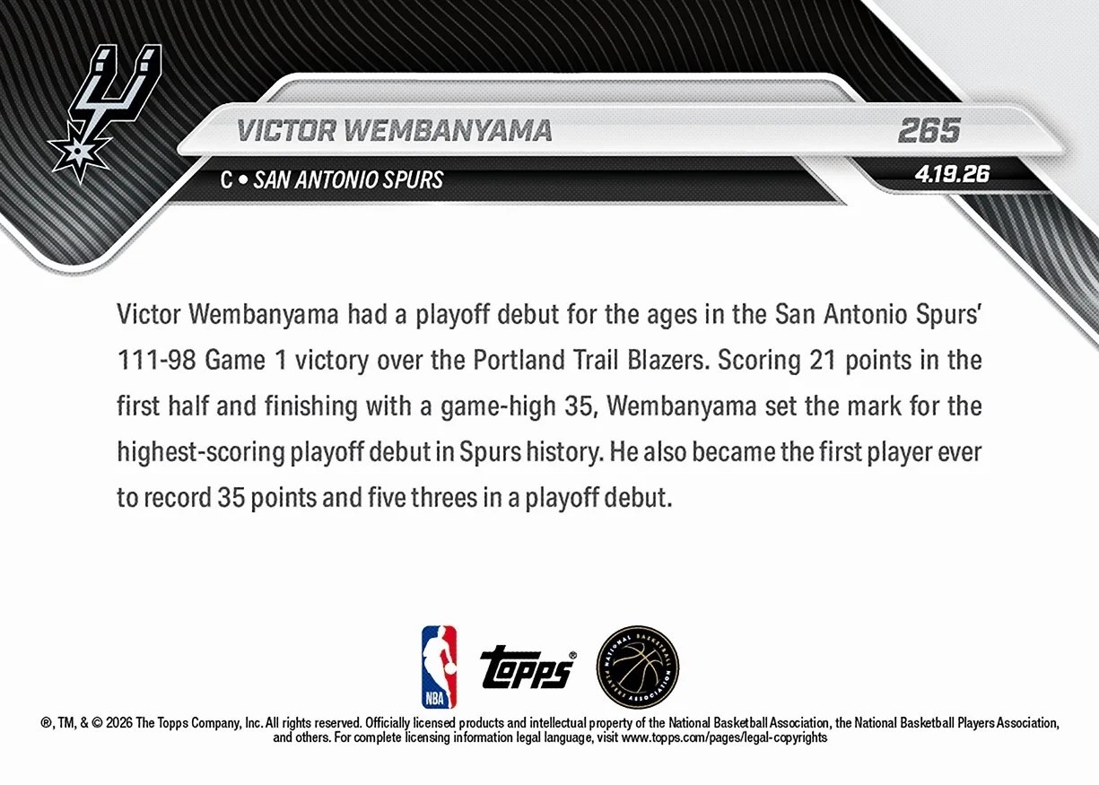 Victor Wembanyama 2025-26 NBA Topps NOW Card #265 Playoff Debut – QTY