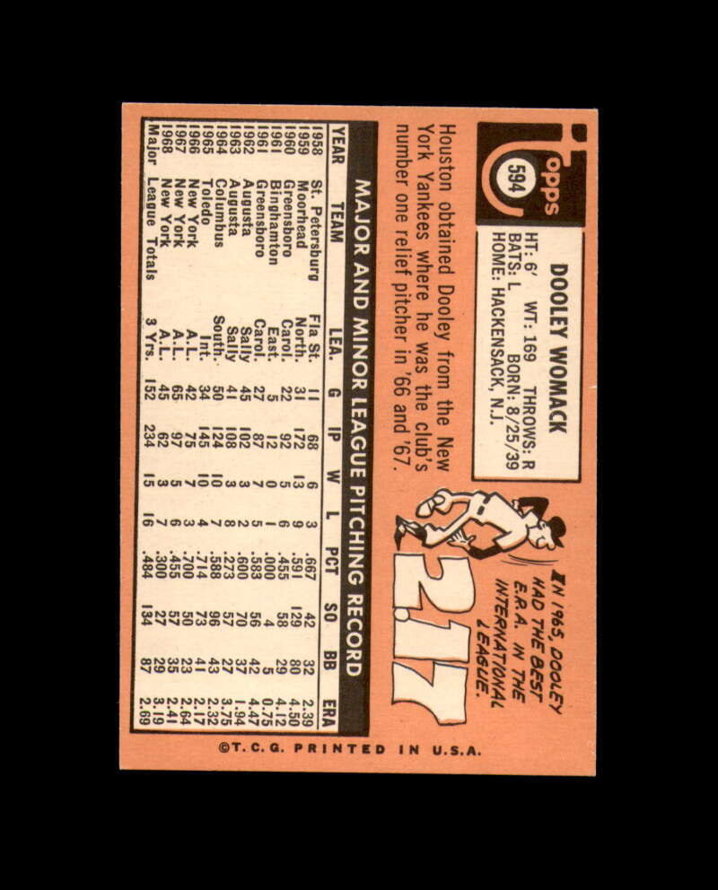 Dooley Womack Signed Authentic 1969 Topps Houston Astros Autograph