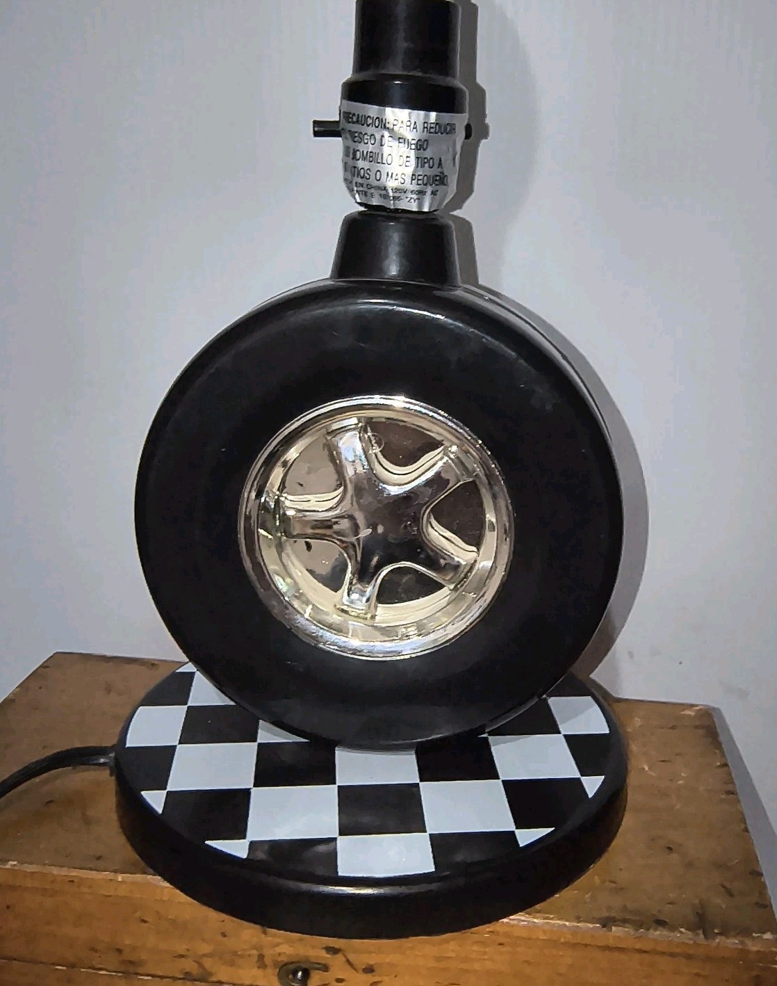 Vintage NASCAR Racing Table Lamp with Tire and Checkered Flag Base No Shade