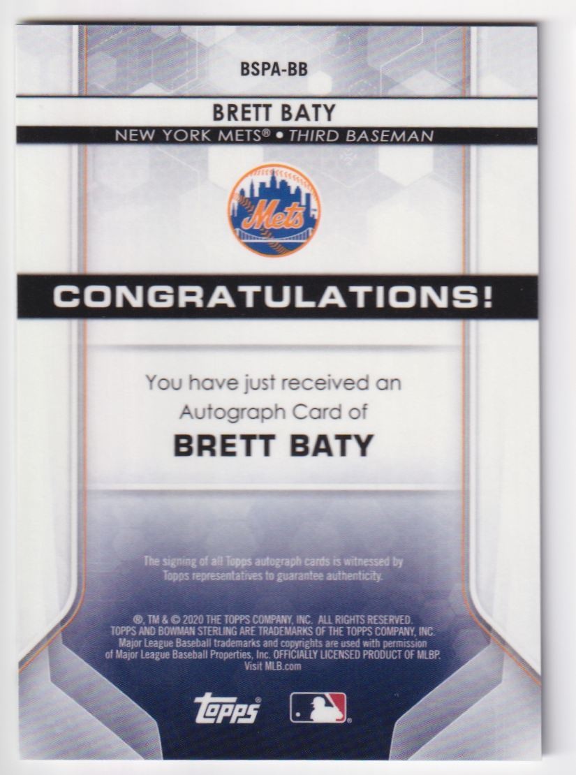 2020 Bowman Sterling Prospect Autographs Brett Baty Auto New York Mets #BSPA-BB