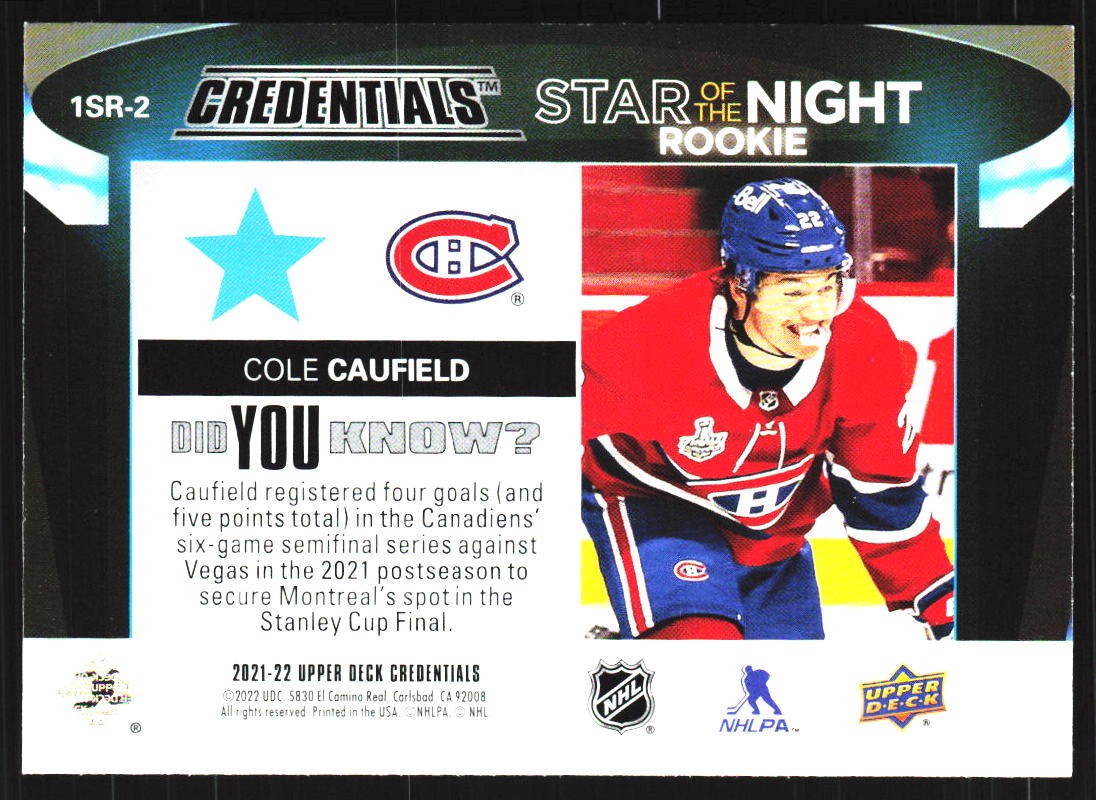 2021-22 Upper Deck Credentials #1SR-2 Cole Caufield Star of the Night RC