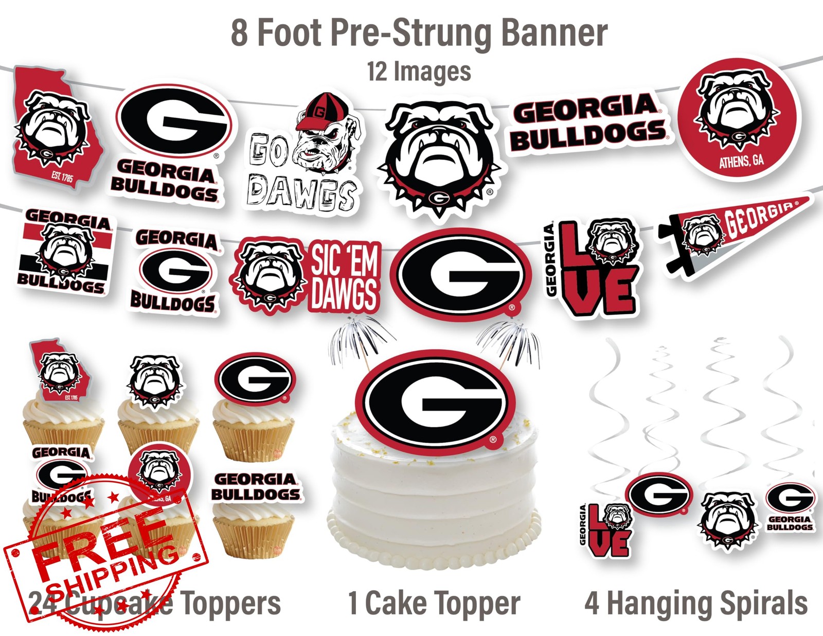 UGA Georgia Bulldogs Party Supplies 42pc Banner Cake Toppers