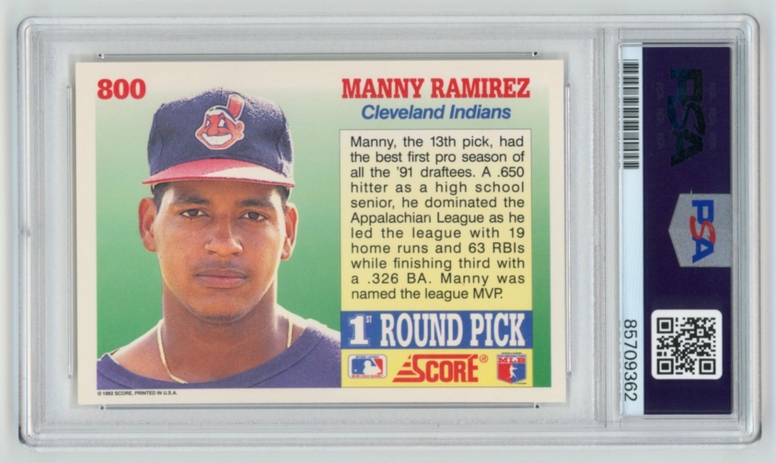 MANNY RAMIREZ Signed 1992 Score ROOKIE Baseball Card #800 + PSA Auth Auto 709362