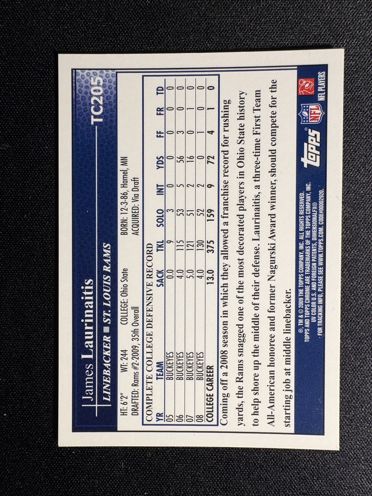2009 TOPPS CHROME #TC205 JAMES LAURINAITIS RC AUTO RAMS OHIO STATE