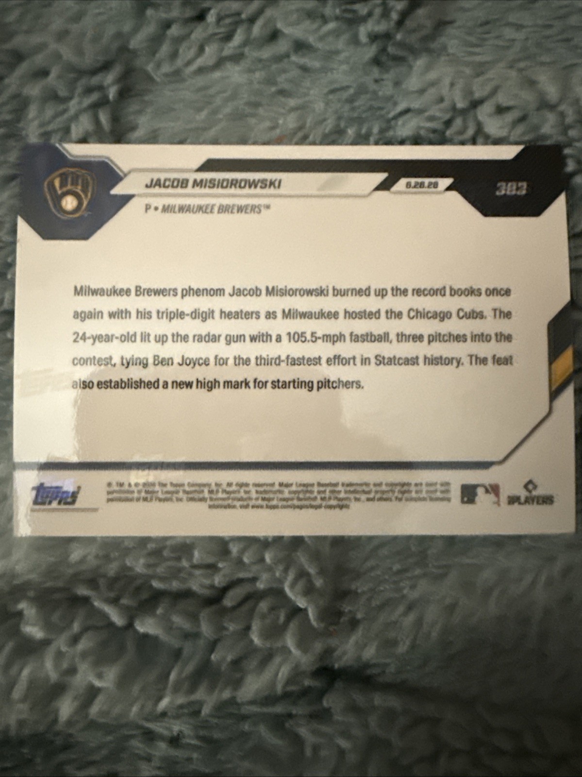 2026 Topps Now Jacob Misiorowski Brewers RC 105.5 MPH Heater MLB Record #383