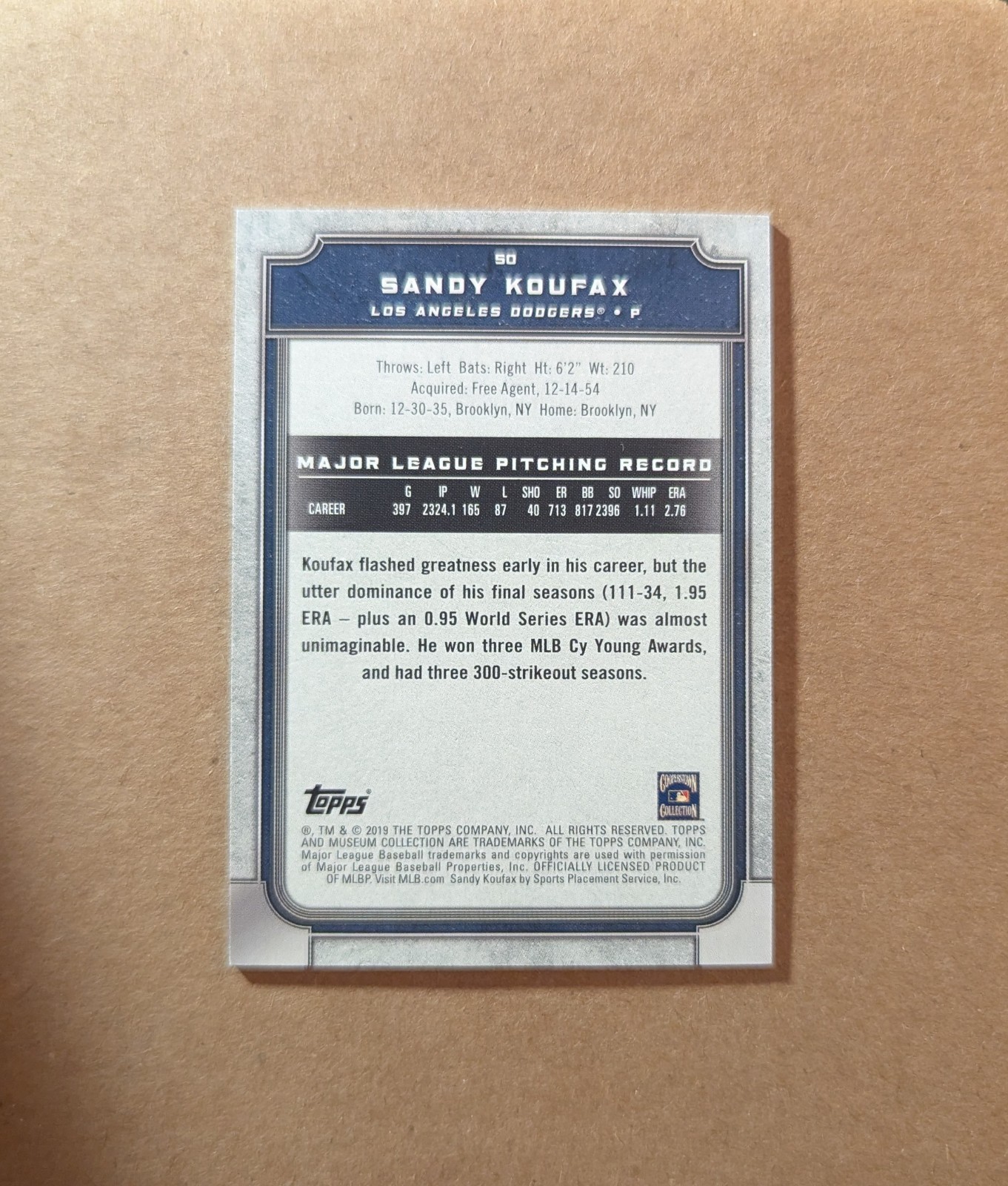 2019 Topps Museum Collection Sandy Koufax #50 Amethyst /99 Los Angeles Dodgers