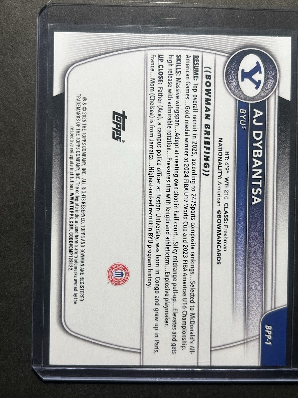 AJ Dybantsa 1st Bowman: 2025-26 Bowman Basketball BYU #BPP-1
