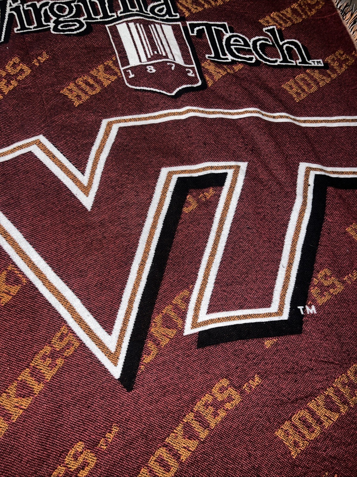 Vintage Virginia Tech Hokies Throw Blanket Knit Tassels University 1990s USA