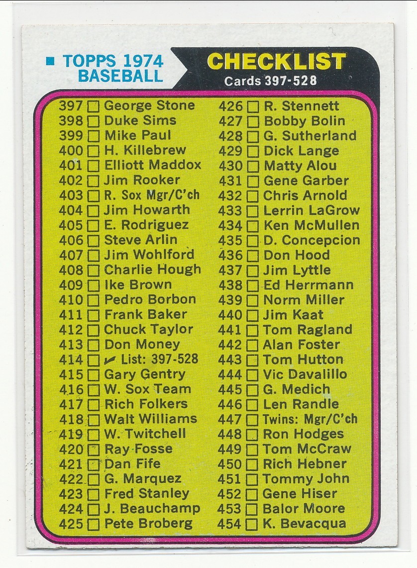 1974 Topps Baseball Checklist 397-528