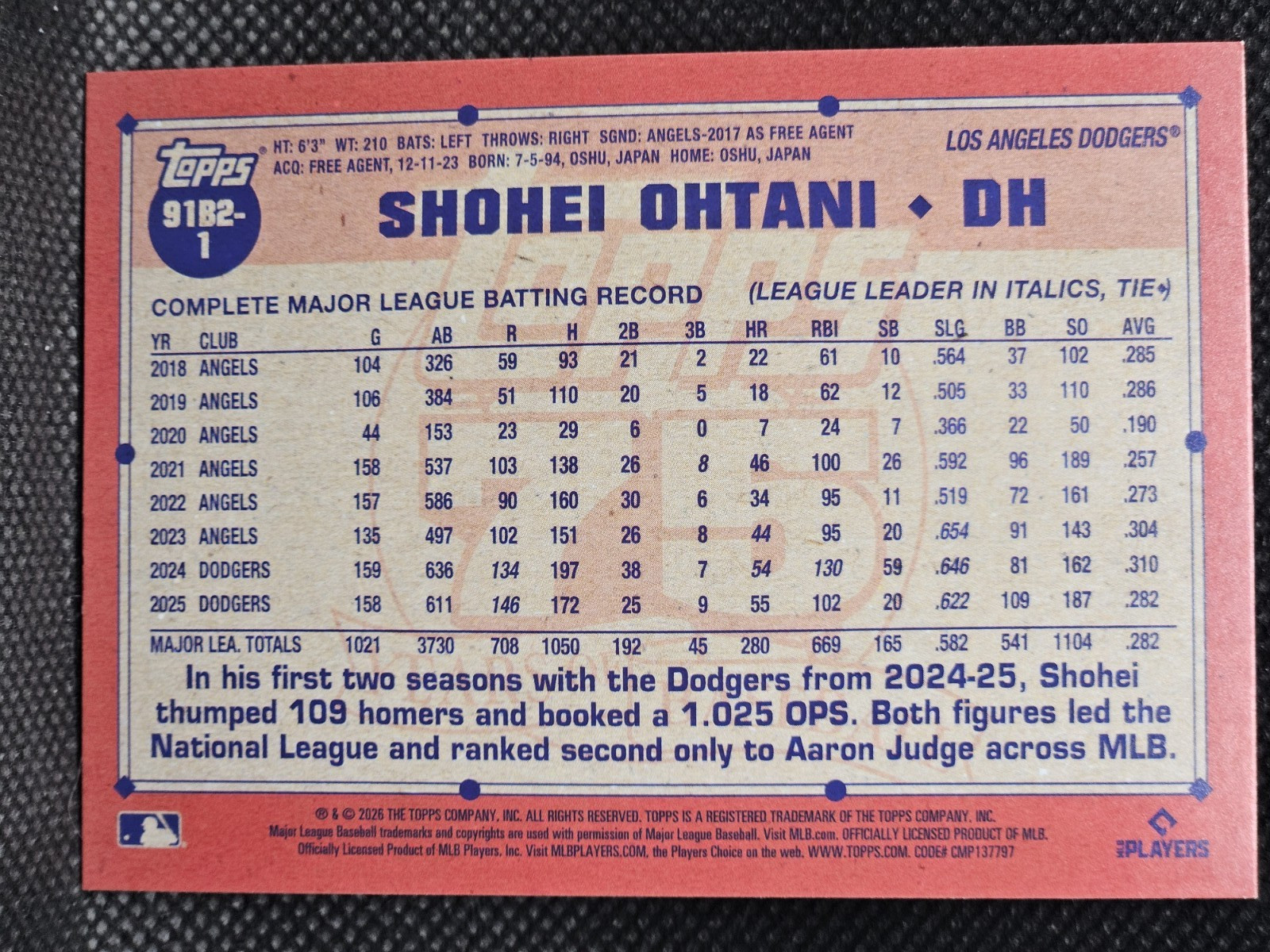 2026 Topps Series 2 #91B2-1 Shohei Ohtani 1991 Crackle Foil Insert Dodgers NM/MT