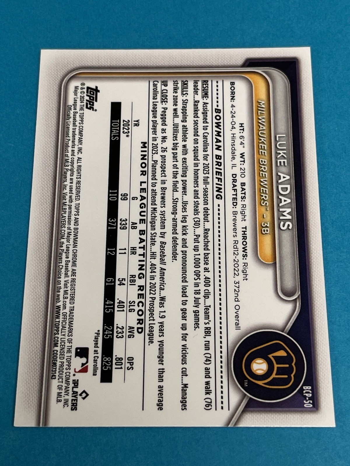 Luke Adams 1st Chrome 2024 Bowman #BCP-50 Milwaukee Brewers Qty Avail