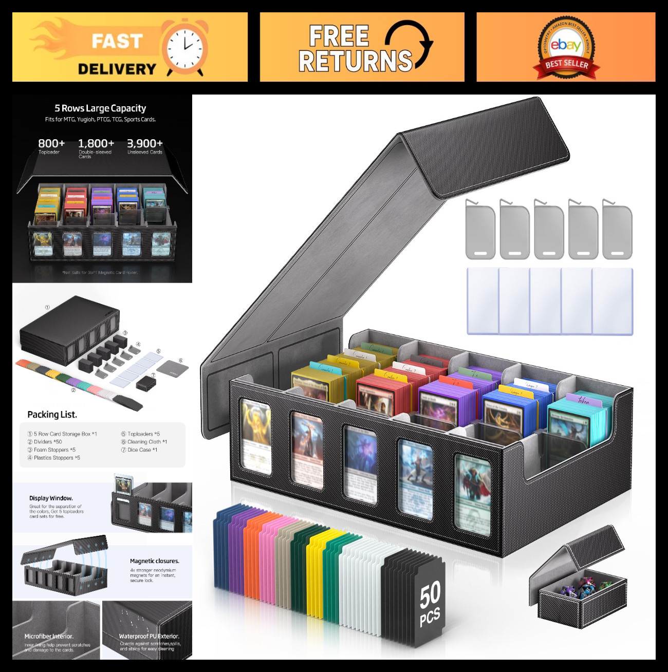 Large 5-Row Trading Card Storage Box 3900+ Capacity with Magnetic Lid & Dividers