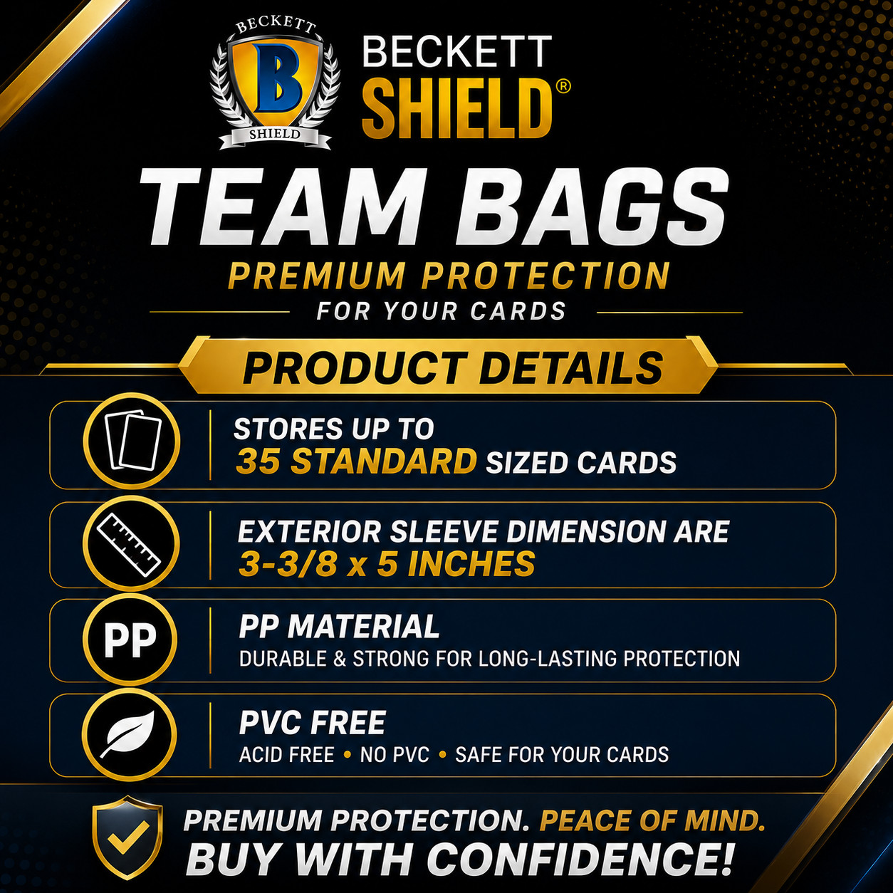 1000 PACK – Beckett Shield Team Bags Resealable Sleeves – 10 Packs of 100 Bags