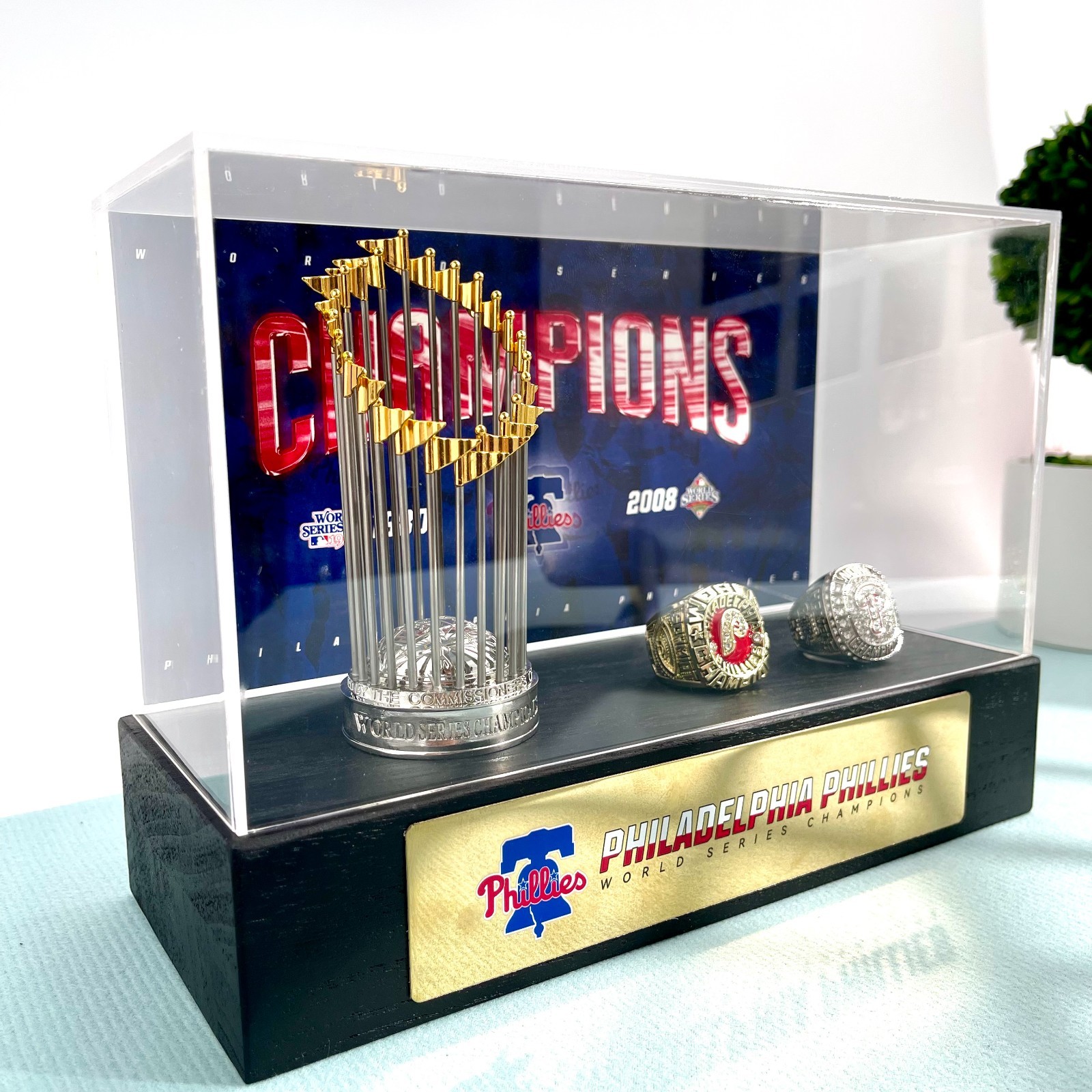 Philadelphia Phillies World Series Championship 1 Trophy & 2 Rings Display Case